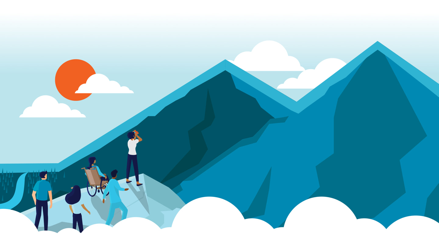 Illustrated group of coworkers walking up a mountain and gazing at the peaks in the distance.