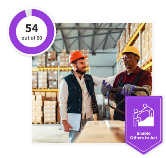 Two coworkers in a warehouse office setting with a purple “Enable Others to Act” banner at the bottom and a 54 out of 60 scale in the top left corner.