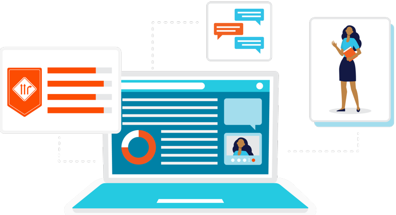 Illustration of a laptop with a sample leadership report on its screen with chat bubbles, Challenge the process scores, and a woman holding a report are coming out of the screen.